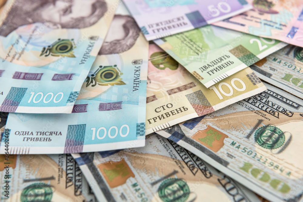 Ukrainian hryvnia and dollar exchange close-up top view Ukrainian hryvnia and dollar exchange close-up top view