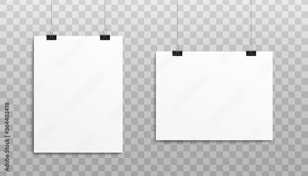 Paper white blank sheets hanging, realistic vector mockup illustration isolated. Paper white blank sheets hanging, realistic vector mockup illustration isolated.
