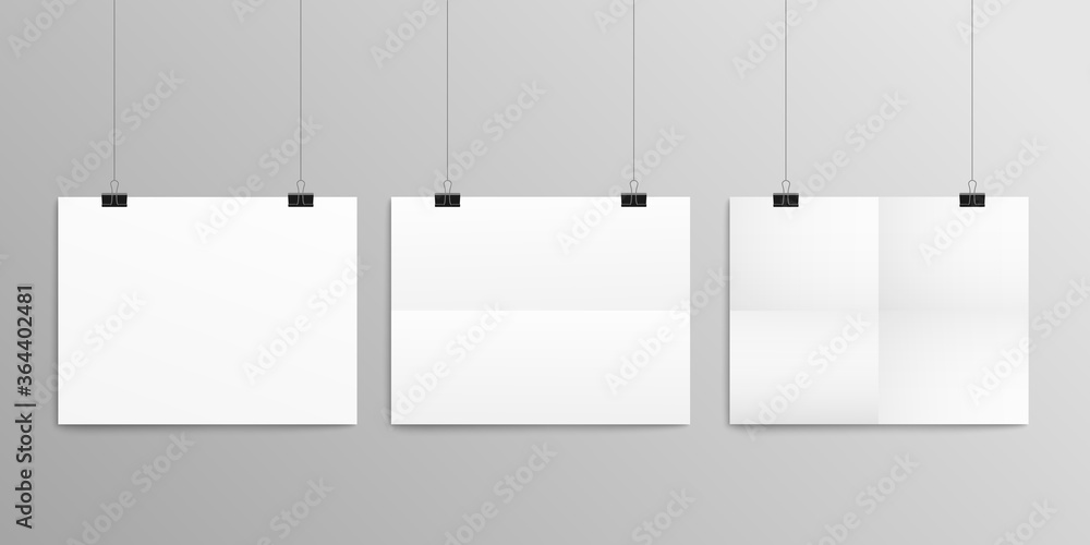 Mockup of paper sheets hanging in row, realistic vector illustration isolated. Mockup of paper sheets hanging in row, realistic vector illustration isolated.