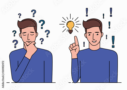 Problem solving concept. A man thinks about a problem and finds a solution. A question mark and a light bulb are symbols of this process. Line art vector illustration isolated on white backgound.