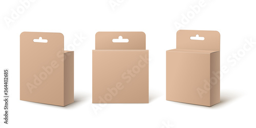 Realistic small retail package box mockup set from front, back and side view