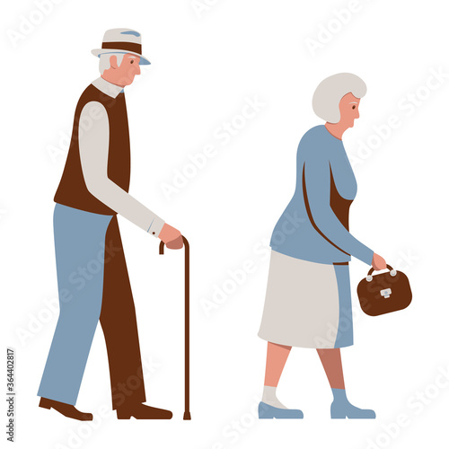 Old People Walking, Elderly Man Walks with a Cane, Aged Woman with a Handbag. Seniors. Gray-haired Grandmother, Grandfather in Weakness. Vector illustration in blue and brown tones isolated on white
