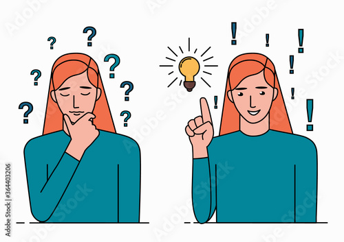 Problem solving concept. A woman thinks about a problem and finds a solution. A question mark and a light bulb are symbols of this process. Line art vector illustration isolated on white backgound.