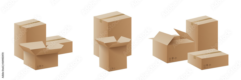 Set of mail cardboard boxes bunch, realistic vector mockup illustration isolated.
