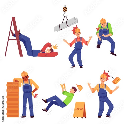 Injury at work set with construction worker, flat vector illustration isolated.