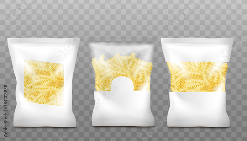 Realistic pasta package mockup set - white plastic bag with clear window