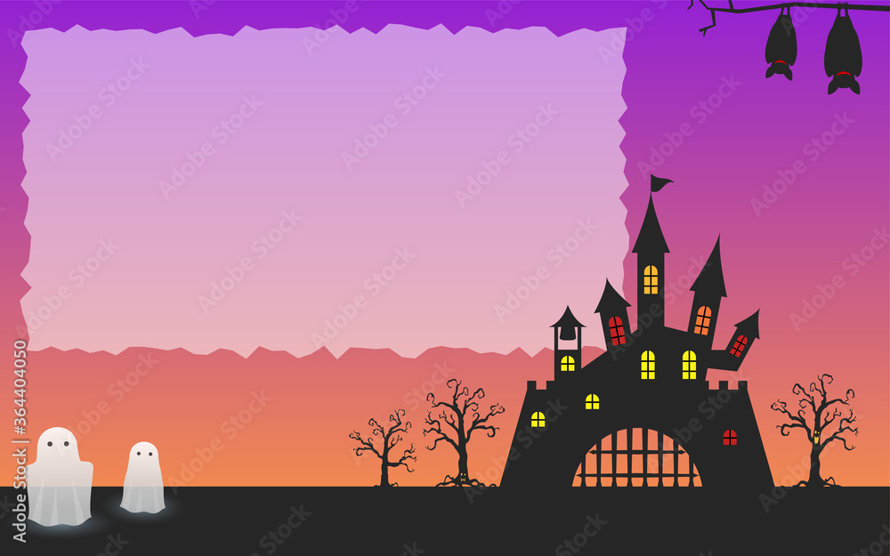 ハロウィンの背景素材、古城のシルエットと幽霊
