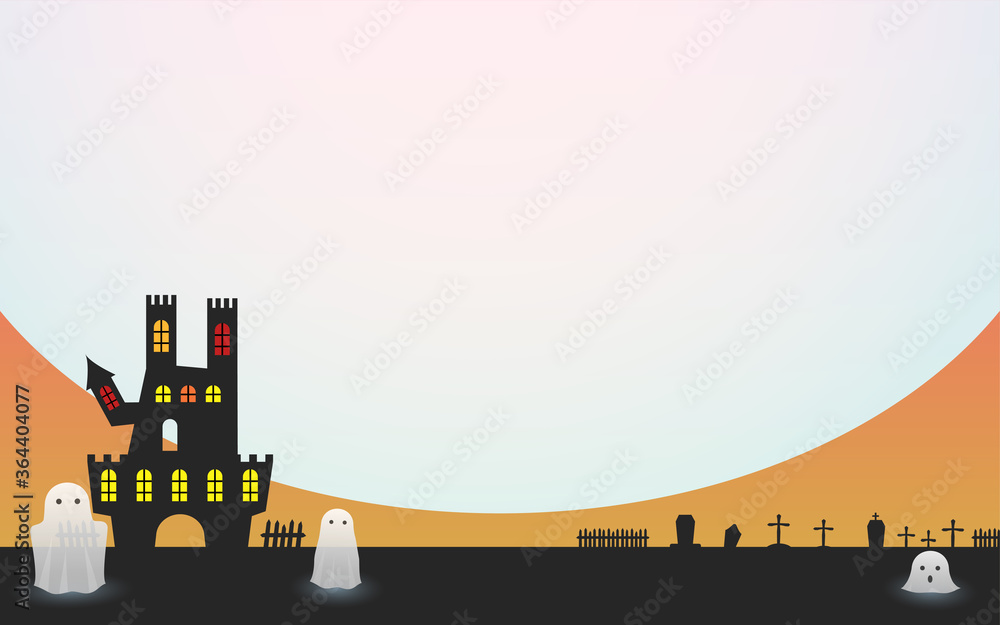 ハロウィンの背景素材、満月と古城のシルエットと幽霊