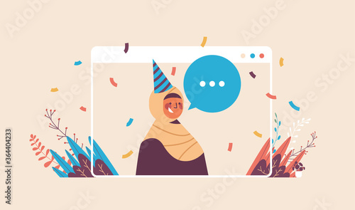 arabic woman in festive hat with chat bubble celebrating online birthday party celebration self isolation quarantine concept web browser window portrait horizontal vector illustration
