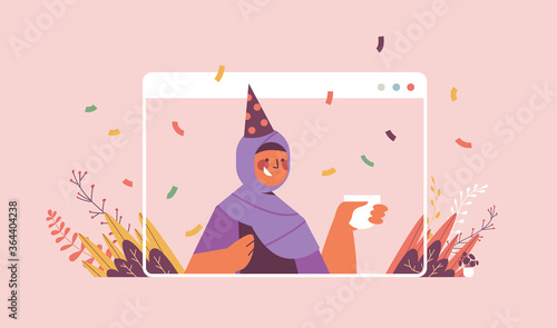 arabic woman in festive hat celebrating online birthday party celebration self isolation quarantine concept web browser window portrait horizontal vector illustration