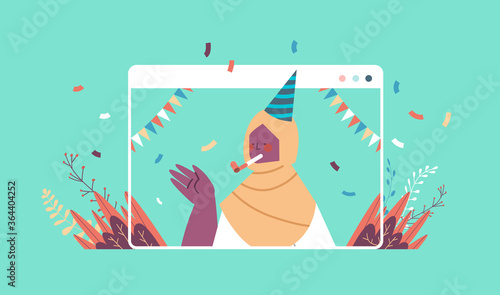 arabic woman in festive hat celebrating online birthday party celebration self isolation quarantine concept girl blowing in whistle web browser window portrait horizontal vector illustration