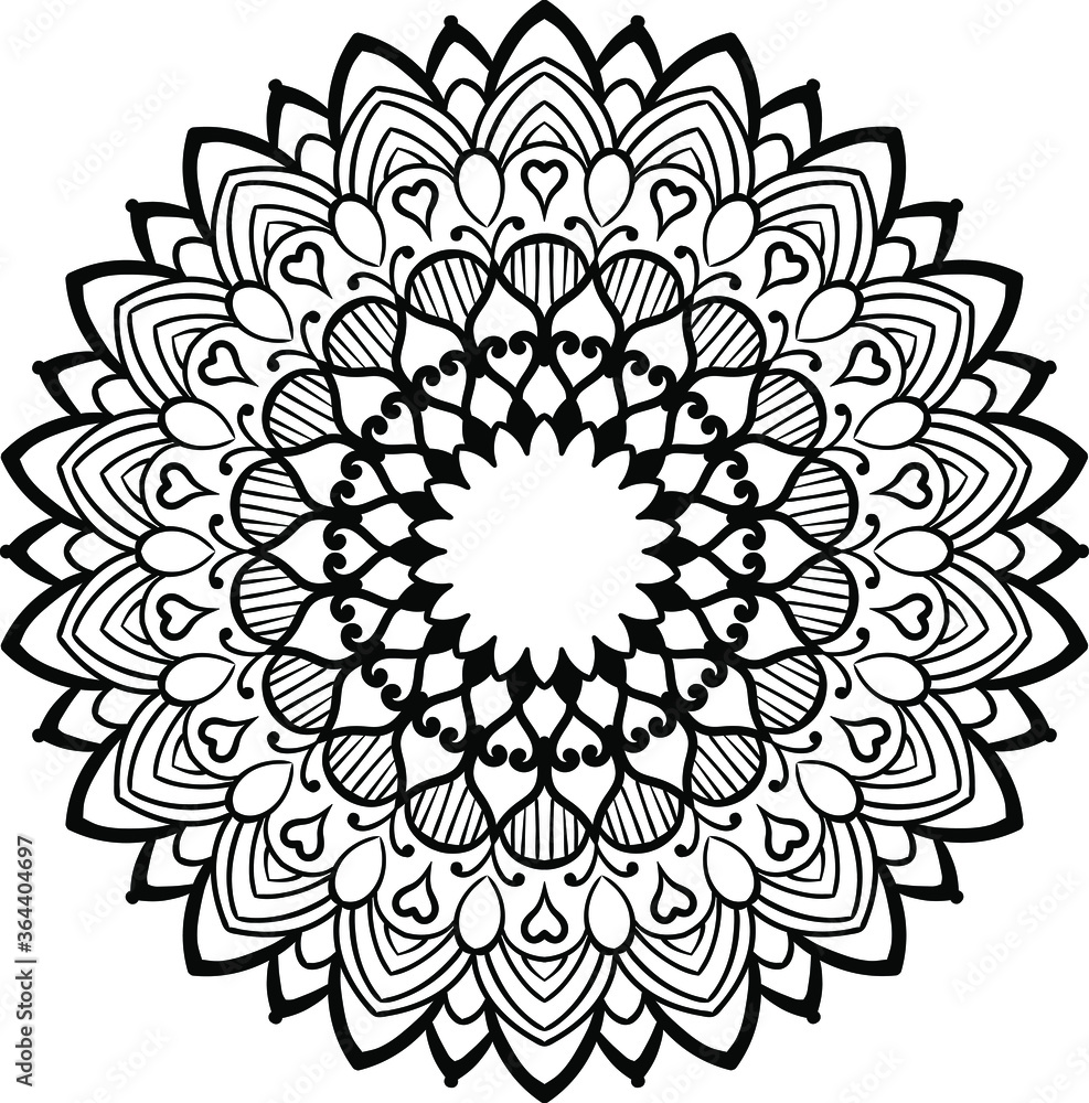 Mandala round floral ornament pattern. Anti-stress coloring page for kids and adults. Yoga, tatoo, mehndi, lace design. Vector illustration.