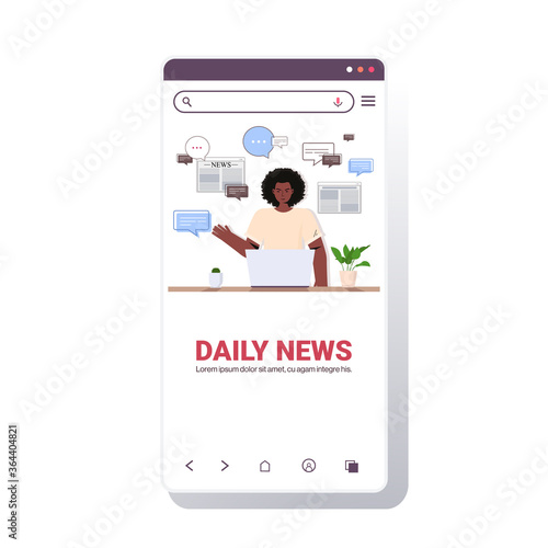 african american man reading online newspaper daily news on laptop chat bubble communication concept smartphone screen mobile app copy space portrait vector illustration
