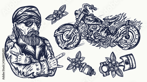 Bikers. Tattoo collection. Bearded biker man, burning motorcycle, rider sport elements. Spark plug, moto bike. Lifestyle of racers set. Traditional tattooing style