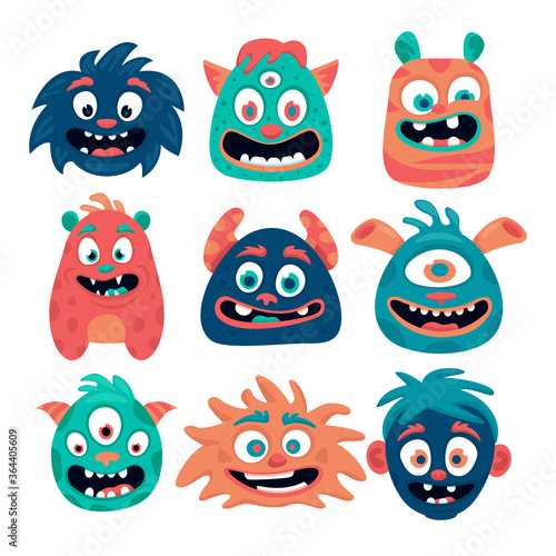 The heads of the kids of monsters. Mascot set. A group of cute emotional characters.