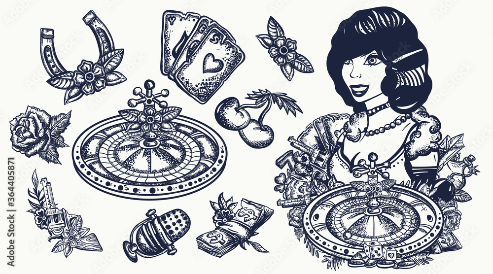 Noir criminal movie art. Gangsters. Mafia set. Old school tattoo collection. Crime lady, croupier pin up girl, casino roulette Noir criminal movie art. Gangsters. Mafia set. Old school tattoo collection. Crime lady, croupier pin up girl, casino roulette