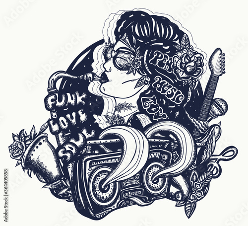 Music lifestyle. Jazz, funk, soul, disco. Karaoke concept. American funky woman. Hippie musical girl, saxophone, guitar and retro rainbow boom box. Tattoo and t-shirt design