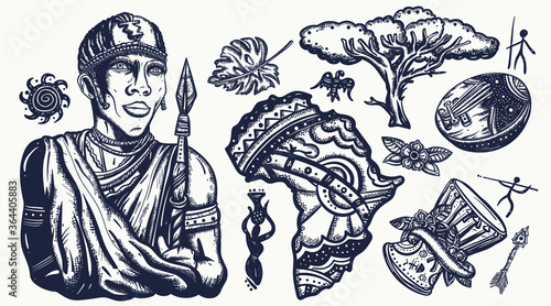 Africa elements. Tattoo vector collection. African traditional, maasai warrior, kalimba, map, drum. Tradition, people and culture. Ethnic afro black tribe man