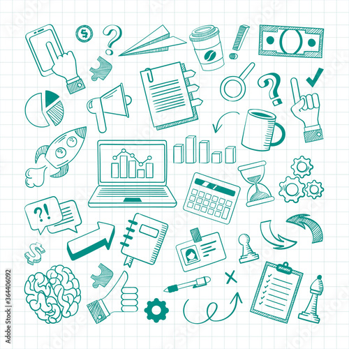 Handdrawn business elements sketch set. Growth charts on squared paper financial arrows rocket taking off laptop with infographics chess pieces brain financial creative presentation. Doodle vector.