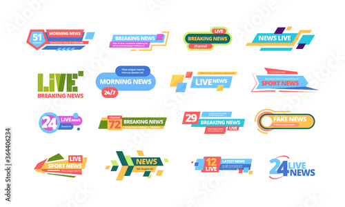 News title banner large set. Headline television poster media online information color bar daily broadcast morning news breaking life sports latest streaming digital during day. Information vector.