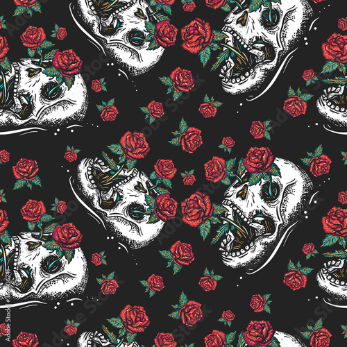 Skull and red roses flowers. Gothic seamless pattern. Floral dark fairy tale background
