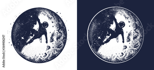 Astronaut and moon tattoo and t-shirt. Spaceman and new planets. Black and white vector graphics