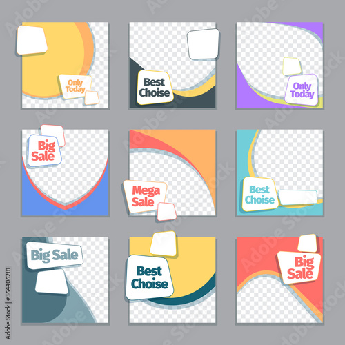 Social discounts and fashion sales template set. Modern posters with geometric color design marketing insta advertising minimalistic banner trend offers in social networks sites. Vector sticker.