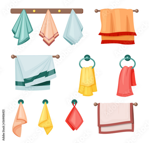 Hanging towels set. Colored textile fabric for kitchen and bath soft spa salons in hotels scented terry beach rough wiping dishes in kitchen bright fashion collection household. Cartoon vector.