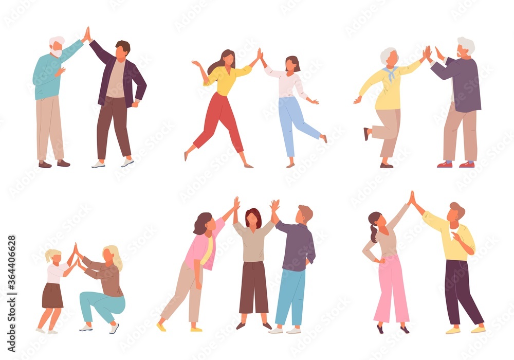 Fototapeta premium Characters give five to each other set. People clap their hands gesture of cheerful successful team meeting friendly partnership happy childrens game. Vector collaboration.