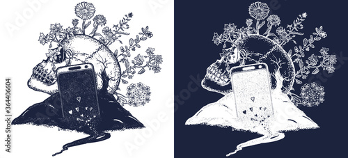 Digital detox. Skull and mobile phone tattoo. Life and death, consumer society. Psychological problems, senseless life. Dependence on social networks. Tattoo and t-shirt design. Black and white vector