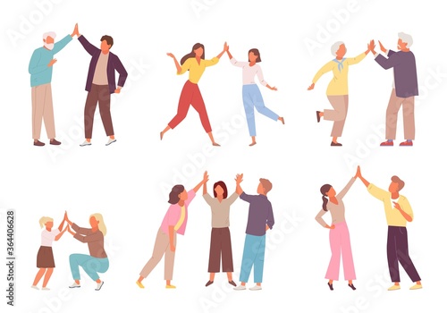 Characters give five to each other set. People clap their hands gesture of cheerful successful team meeting friendly partnership happy childrens game. Vector collaboration.