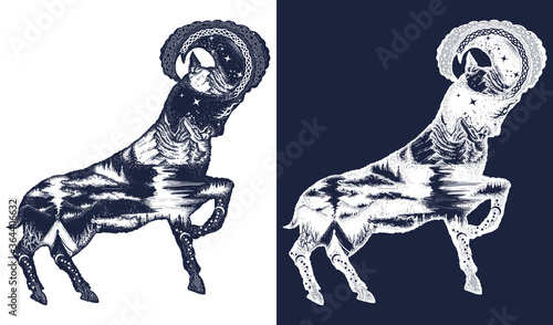 Mountain goat double exposure tattoo art and t-shirt design. Symbol of tourism, rock climbing, travel, outdoor, camping, wildlife. Black and white vector graphics