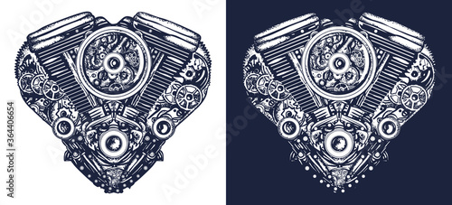 Motor. Bikers tattoo. Technically mechanical heart. Steampunk heart engine art, t-shirt design. Black and white vector graphics