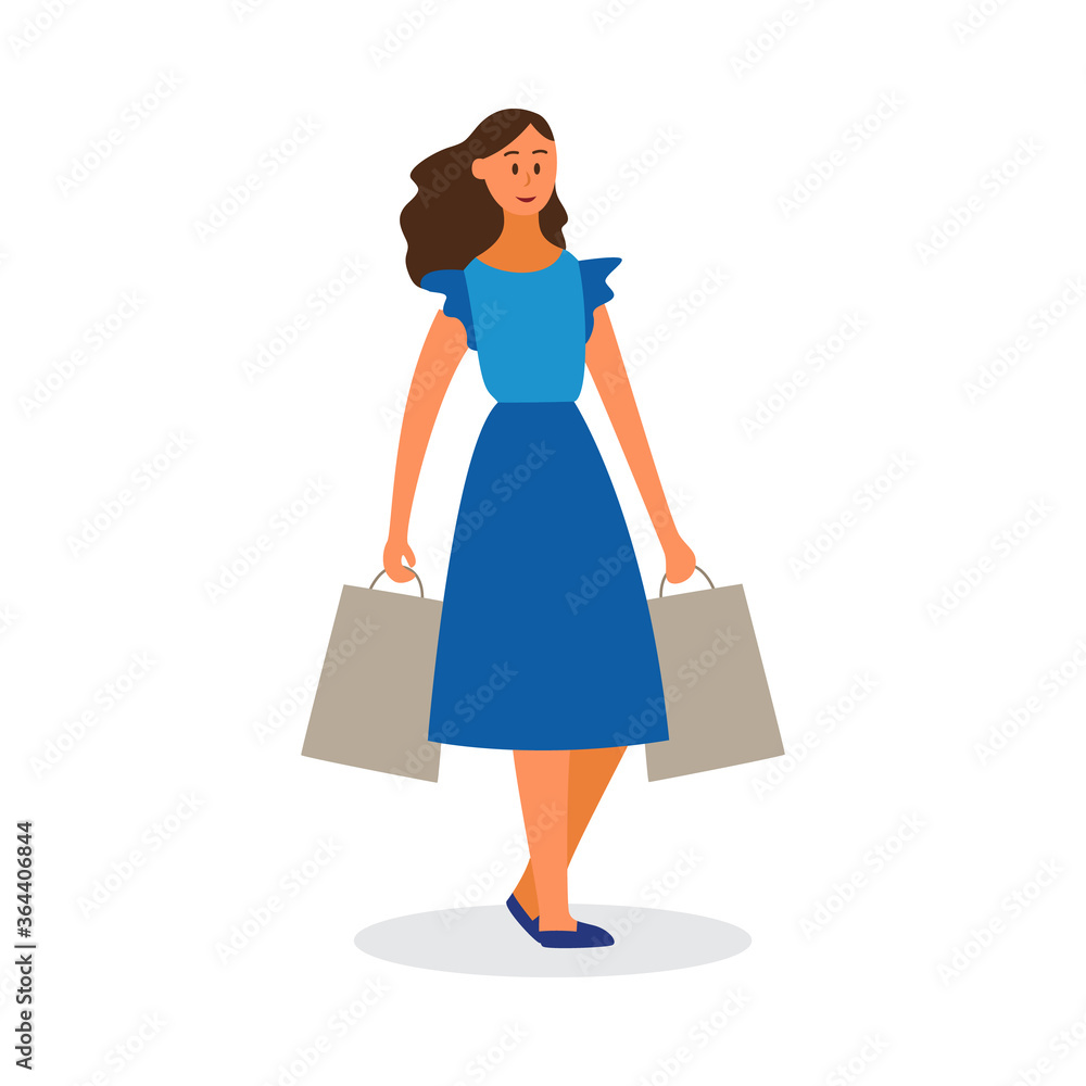 Girl or woman with shopping bags character flat vector illustration isolated.