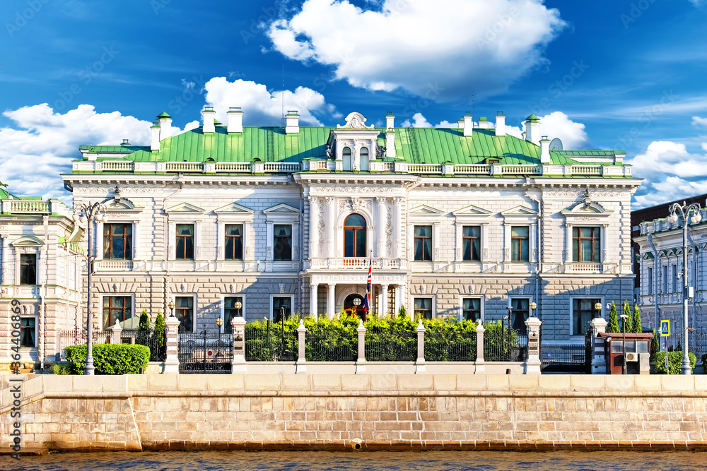 old moscow city historical architecture landmark against blue sky background. Moscow river embankment street view of ambassador of England mansion house. Historic Uk embassy building against Kremlin