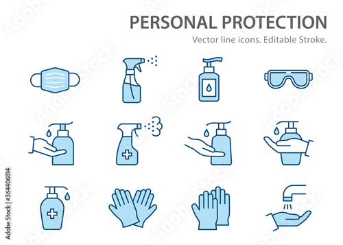 Personal protection line icons set. Vector illustration. Editable stroke.