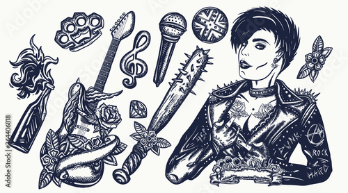 Punk music set. Old school tattoo vector collection. Punker with mohawk hairstyle, rock woman, guitarist girl. Hooligans lifestyle. Electric guitar. Anarchy art