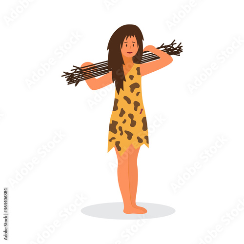 Prehistoric woman in clothing from animal skin flat vector illustration isolated.