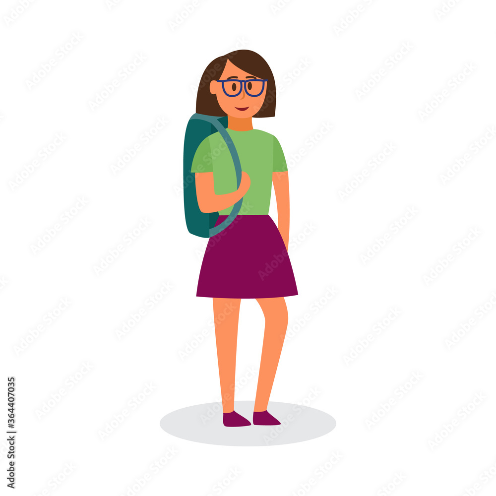 Cartoon character of school pupil or school girl flat vector illustration.