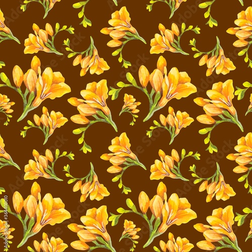 Watercolor seamless pattern of yellow freesia flowers.Suitable for printing Wallpaper  fabrics  postcards  etc