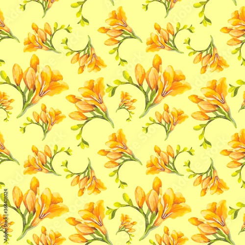 Watercolor seamless pattern of yellow freesia flowers.Suitable for printing Wallpaper  fabrics  postcards  etc