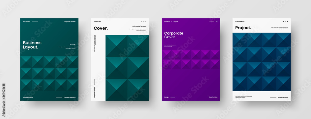 Company identity brochure template collection. Business presentation vector A4 vertical orientation front page mock up set. Corporate report cover abstract geometric illustration design layout bundle.