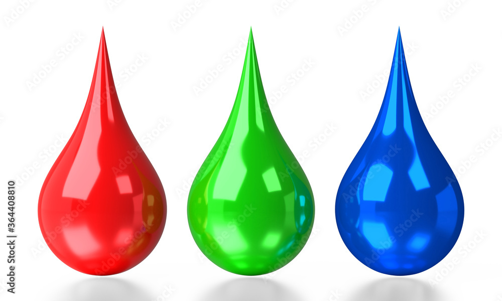 RGB ink drops - red, green, blue colors - 3D illustration RGB ink drops - red, green, blue colors - 3D illustration
