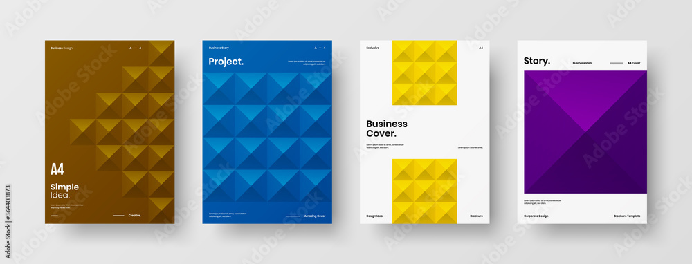 Company identity brochure template collection. Business presentation vector A4 vertical orientation front page mock up set. Corporate report cover abstract geometric illustration design layout bundle.