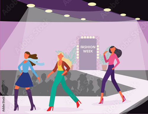 Fashion models represent clothing at fashion show - flat vector illustration.