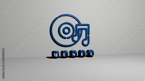 3D representation of MUSIC with icon on the wall and text arranged by metallic cubic letters on a mirror floor for concept meaning and slideshow presentation. illustration and background