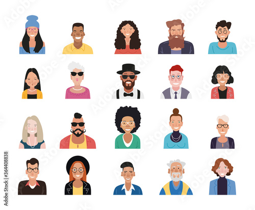 Bright person portrait. Avatars set. Hand drawn flat style. Illustration of male and female faces and shoulders. Vector people icons.