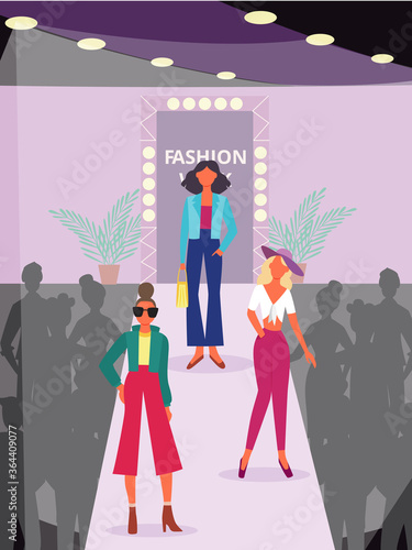 Fashion show poster with cartoon model women walking on catwalk podium