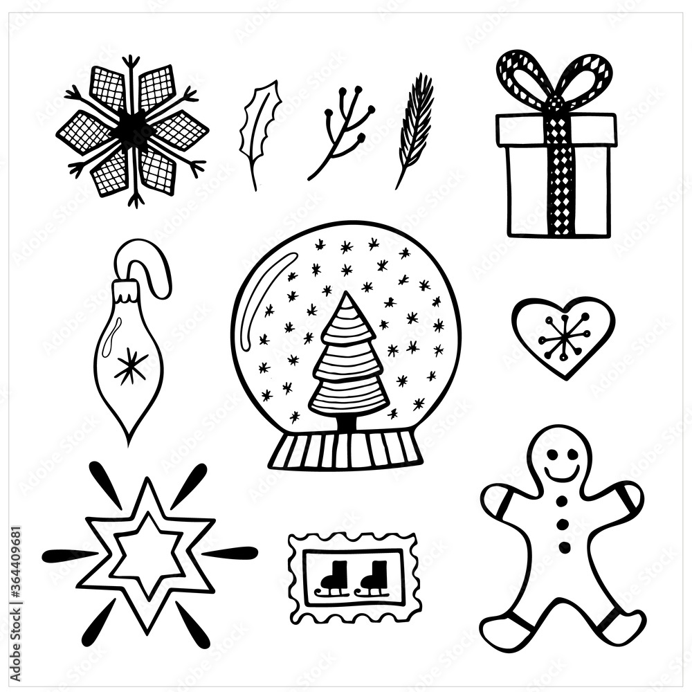 Christmas illustrations in black and white, set of simple hand drawn vector drawings in doodle style