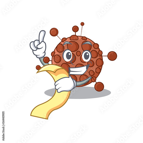 Neisseria mascot character style with food and beverage menu on his hand